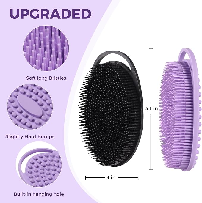 2 Pack Silicone Body Scrubber, Exfoliating Shower Scrubber for All Skin | 2 in 1 dual-sided design, soft bristles and massage bumps side, fast-drying, non-slip handle, for women and men, Black+Purple