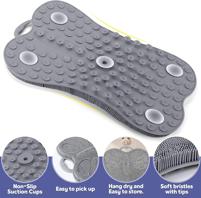 Kalolary Silicone Shower Foot Scrubber Mat & Back Exfoliating Cleaner | Large Exfoliating Feet Scrubber for Shower with Anti-Slip Suction Cups to Clean & Massage Feet Without Bending Over (Grey)