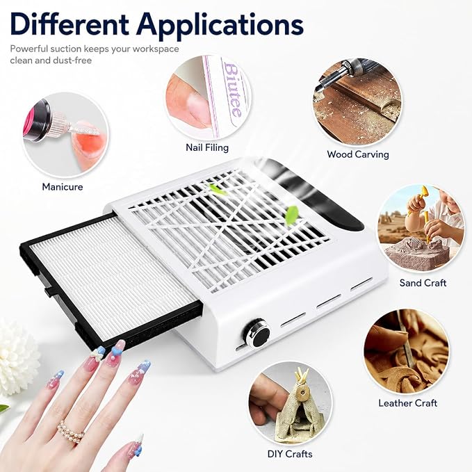 Biutee Nail Dust Collector 80W Adjustable Power Suction Nails Dust Vacuum | Nail Dust Cleaner with 2 Reusable Filter Nail Vacuum Cleaner Fan for Acrylic Nails Manicure Salon Home Use