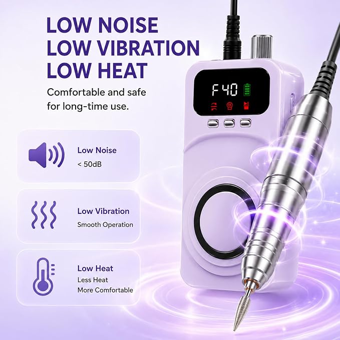 TPQKA PurpleNail 2 in 1 Nail Drill with UV Light, Professional Electric Nail File Kit 40000RPM, Rechargeable Manicure Pedicure Tools Set with 12 Bits & Lamp for Acrylic Gel Nails (Purple Silver)