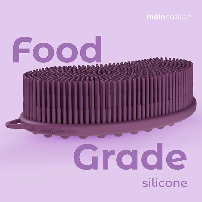MainBasics Silicone Body Scrubber Dual-Sided, Purple, Massage | Shower Scrubber with Massage Nodes, Silicone Loofah Alternative for Deep Clean
