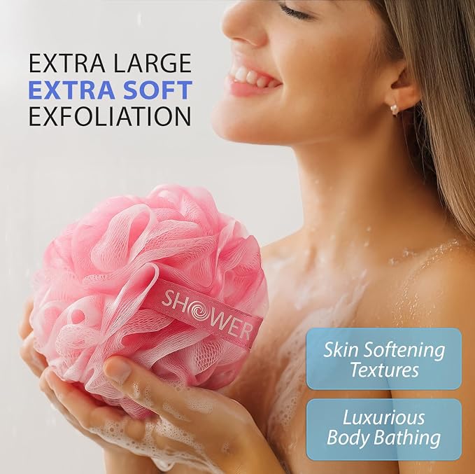 SHOWER BOUQUET Pink-Loofah Bath-Sponge XL 4-Pack // Extra Large 75g | Soft Mesh Pink Luffa Loufa Loofa Puff Set, Exfoliating Body Scrubber Lufas for Women and Men Face & Body Shower Loofah Sponge