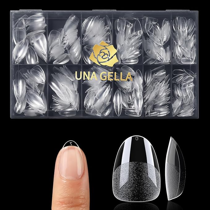 UNA GELLA Extra Short Almond Nail Tips, 504 Pcs XS Almond Gel Nail Tips | Pre-buffed Inside 12 Sizes Full Cover Press On Nails Clear Soft Gel Fake Nails for Extension Manicure Home DIY Salon