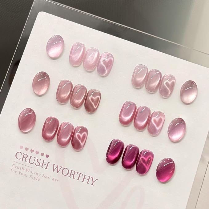 GAOY Pink Cat Eye Gel Nail Polish Set 6 Colors with Magnet, Crush Worthy | Valentine's Date Night Nails, Sweet & Spicy, Glass Holographic Glitter, Salon Gel Manicure Pedicure, UV Lamp Required