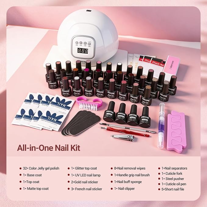 JODSONE 36Pcs Jelly Gel Nail Polish Kit 32 Colors with U V Light Crystal Transparent Classic Color 4 Functional Gel for All Seasons