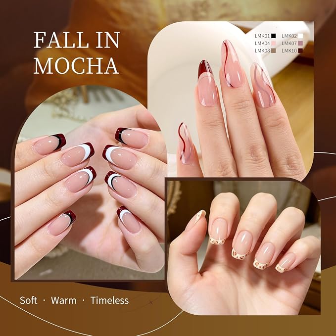 JODSONE 10 Colors Mocha Nail Art Gel Liner Set,5ml Nude Brown Gel Polish with Built-in Thin Brush,Fine Line Nail Art Pen Effect for Nails Design DIY Salon,Fall Brown Tones