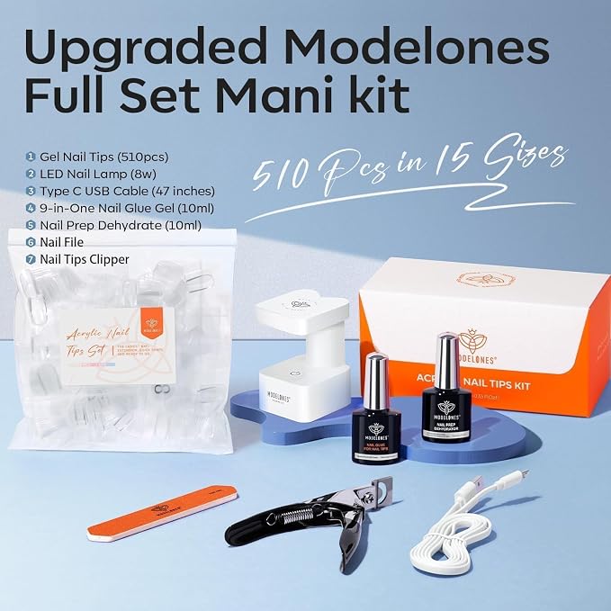 modelones X Nail Gel Kit, 9-in-One Glue Prep Dehydrator & Portable Led Lamp | 15Sizes Gel Nail Tips Short Square 510Pcs Pre-shaped Square Press On Extension Kit DIY Salon Home Gift for Women