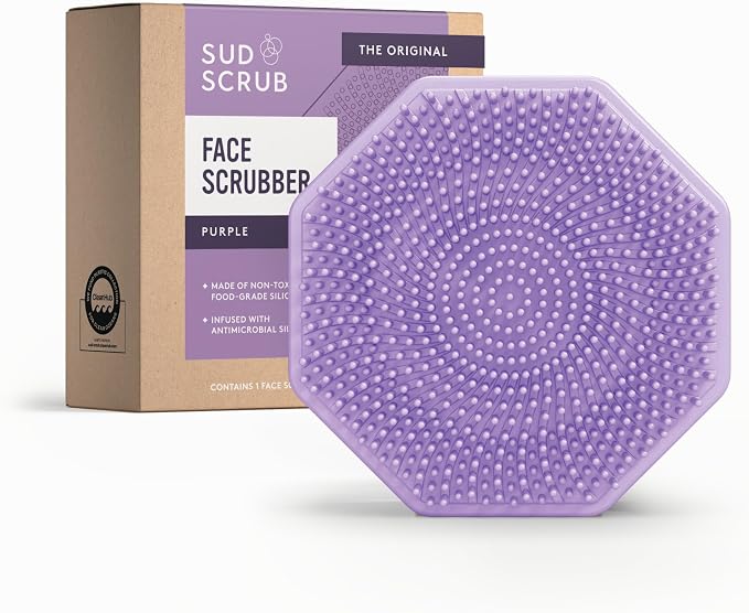 Sud Scrub® Antimicrobial Silicone Face Scrubber, 1 Pack, Gentle Face Exfoliator for Sensitive Skin, Eco Friendly Facial Cleansing Brush, Exfoliating Face Brush for Men and Women (Purple)