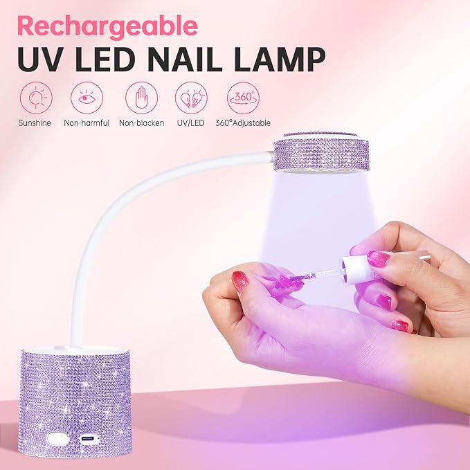 Flash Cure Nail Lamp, UV Nail Lamp for Gel Nails, Cordless Auto Sensor | 27W | Type-C | 1500mAh | Rhinestone | Mini Size | Easy to Carry | DIY Manicure | Purple Diamond