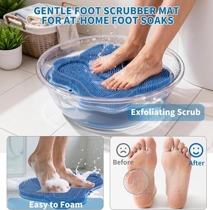 Show Foot Scrubber Mat & Silicone Back Scrubber with Butterfly Form Design,3 Brush Designs for Deep Cleaning Shower Foot Scrubber Mat, Wall Mounted Back Scrubber Silicone Bath(Blue)