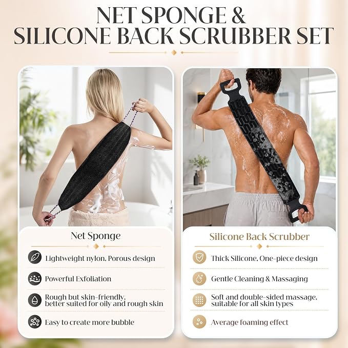 Manmihealth Silicone Back Scrubber for Shower & African Bath Sponge Set | Upgrade 33.8'' Long Silicone Back Brush & Exfoliating Net Sponge Combination, Dual-Sided Use Shower Loofah(Black+Black)