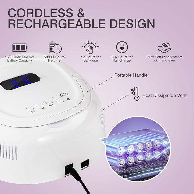 Cordless UV LED Nail Lamp, 60W Rechargeable Nail Dryer Nail Polish Curing Light for Manicure with Auto Sensor & 4 Timer Modes Salon & Home