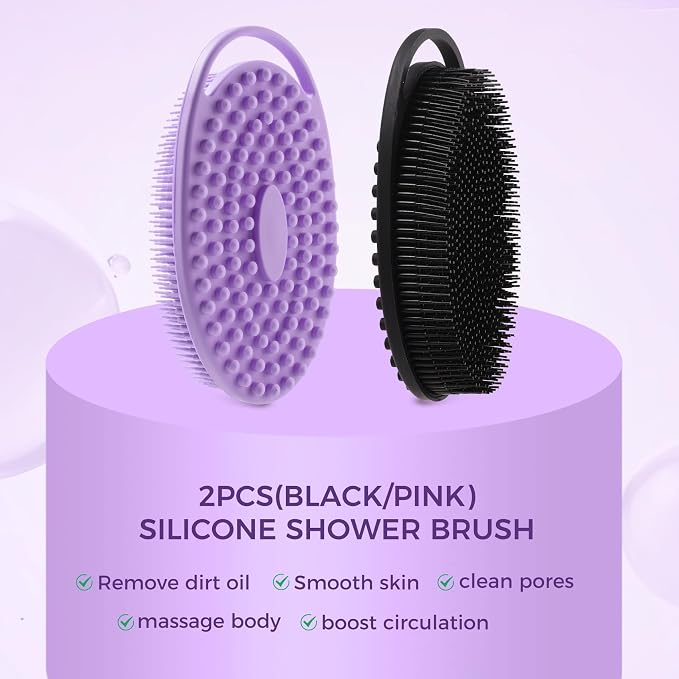 2 Pack Silicone Body Scrubber, Exfoliating Shower Scrubber for All Skin | 2 in 1 dual-sided design, soft bristles and massage bumps side, fast-drying, non-slip handle, for women and men, Black+Purple