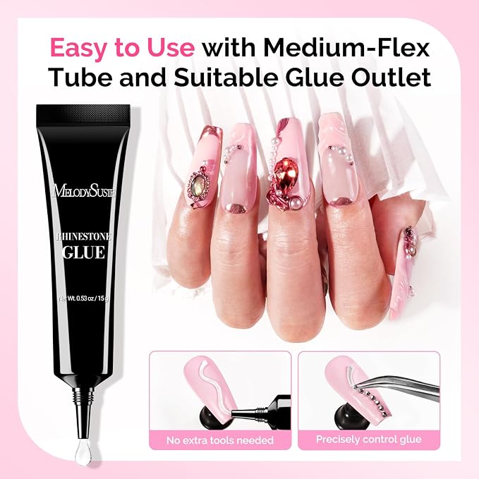 MelodySusie Pink Handheld UV Light with Stand and Rhinestone Glue Kit | Cordless Spot Cure All Soft Gels 20s/60s Timer 450mAh Battery, Super Strong Gel Nail Glue Nail Art Design
