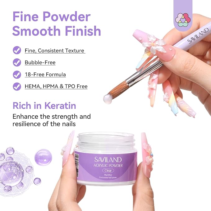 SAVILAND Acrylic Nail Kit for Beginners, Home Practice Set | Includes 30g Clear Acrylic Powder and Liquid, #12 Brush, Forms, File, Dappen Dish, For Extensions & 3D Nail Art Sculpting