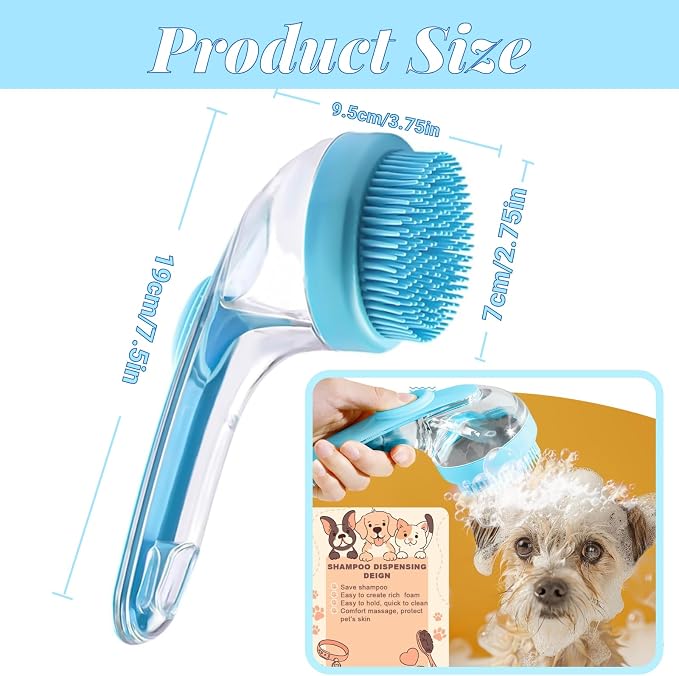 Dog Bath Brush, 2 in 1 Pet Grooming Bath Massage Brush with Soap and Shampoo Dispenser Soft Silicone Bristle Dog Scrubber for Long Short Haired Dogs Cats Shower-Blue