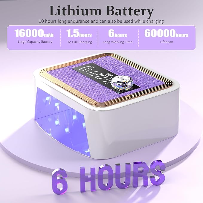 388W Rechargeable UV Light for Gel Nails, Cordless Nail Lamp with 50000mAH Long Battery Life, Unique Knob, Rhinestones Decor & LCD Display, Professional Nail Dryer for Home & Salon