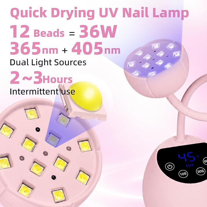 UV Nail Lamp, 360° Gooseneck Flash Cure Nail Lamp | 36W, 12 LEDs,4 Timers & Auto Sensor, Cordless UV Nail Light for All Gels Salon Home DIY Pink