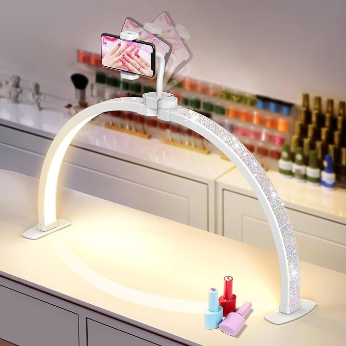 Yokilly Half Moon Light for Nail Desk: 29" Foldable Nail Light for Desk | AB Diamonds Arch Nail Tech Light with Phone Holder for Beginner - 3 Color Modes & 10 Brightness for Manicure Salon