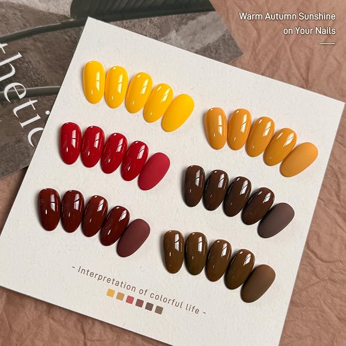 GAOY Brown Red Gel Nail Polish Set, 6 Colors Burgundy Orange Pumpkin Soak Off UV Light Cure Gel Polish Kit for Salon and Nail Art DIY at Home