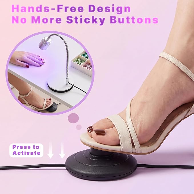 Foot Control Flash Cure Nail Lamp - 360 Flexible Goosneck UV LED Light for Gel Nails, Quick Drying Gel X Lamp for 2027 New Home DIY Manicure USB Powered(White)