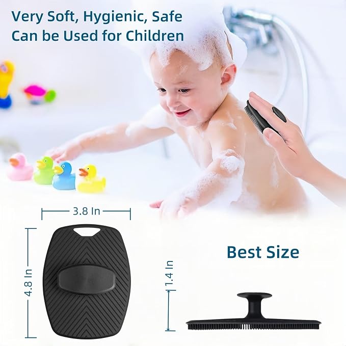 Food-Grade Silicone Body Scrubber, Shower exfoliating Brush, 2 Pack | Highly Elastic Bristles Handheld Brush for Shower, Lather Well and Gentle Exfoliating, for Women and Men, Black & Gray