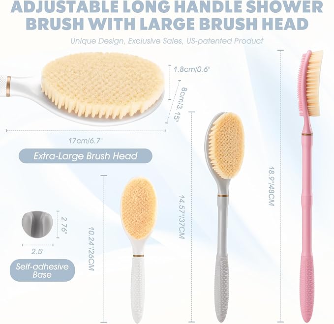 New Back Scrubber Anti-Slip for Shower, 18.9‘’ Adjustable Shower Back Scrubber with Dual-Side Head & Soft Bristles, Extra-Long Shower Brush Bath Brush for Lathering Cleansing(White-L)