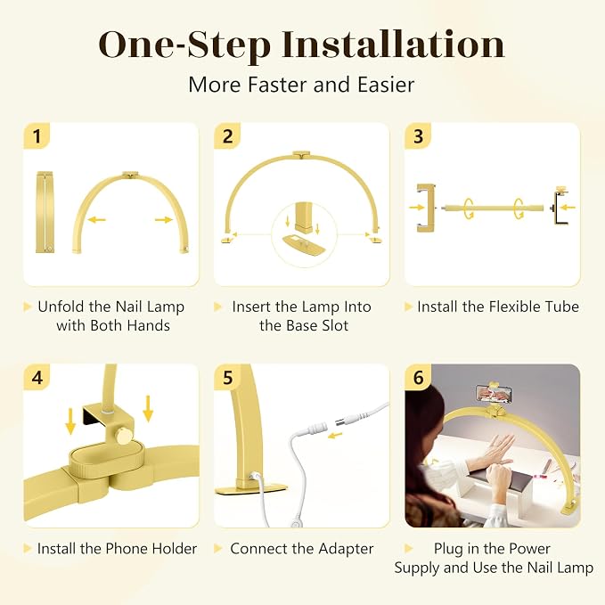 Yokilly Half Moon Light for Nail Desk: 29" Foldable Nail Light for Desk | Arch Nail Tech Light with Phone Holder for Beginner - 3 Color Modes & 10 Brightness for Manicure Salon-Gold