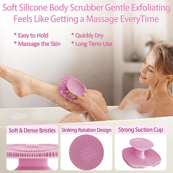 Soft Silicone Body Scrubber, Gentle Like a Hand Exfoliating Your Skin and Build Up Lather Easily, Back Large Suction Cup Easy to Store, Long-Lasting & Deep Clean (Pink)