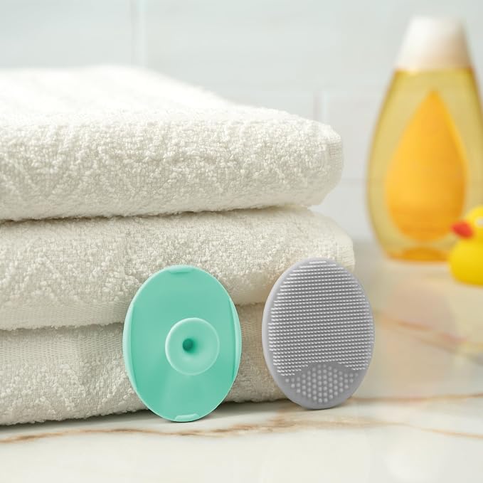 S&T INC. Cradle Cap Brush for Baby, 2 Pack, 2" x 2.5", Grey and Teal | Exfoliating and Massaging, Cleansing Brush for Baby, Silicone Bristles, Rinses Clean, Suction Cup Handle