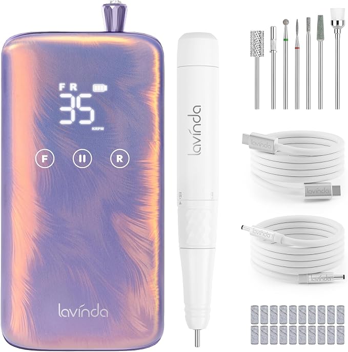 Lavinda Professional Nail Drill - 35,000 RPM Rechargeable Electric Nails File with Cordless Motor, Fast Charge & 3000mAh, 8-Piece Nail Drill bits Set for Manicure/Pedicure (Iridescent Pearl)
