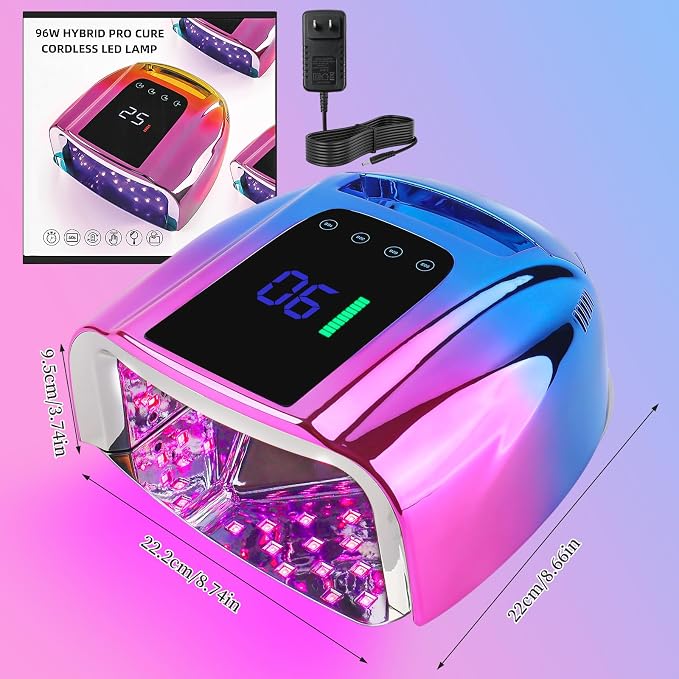 96W Rechargeable UV LED Nail Lamp, Portable Cordless UV Light for Nails with LCD Display Auto Sensor, 4 Timer Setting and Smart Sensor Nail Dryer,Nail Cure Light with Removable Bottom (Blue)