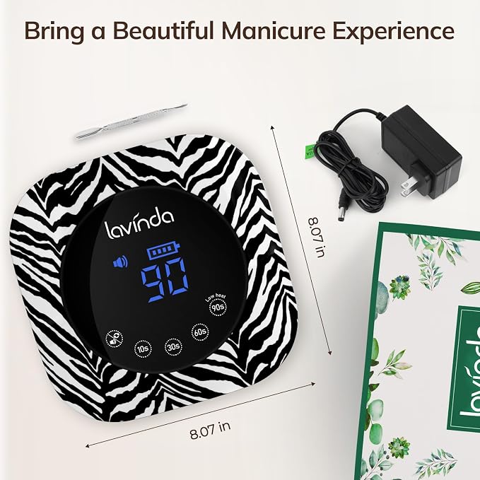 Lavinda UV Light for Gel Nails Fast Curing Nail Dryer, Zebra Print | Base, top, color, builder and poly gel, 4-6 hr runtime, mobile nail artists, manicure parties, black-and-white salon decor