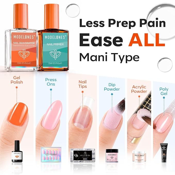 Modelones Nail Dehydrator and Primer Set 15ml 2 Pcs HEMA Free Prep Kit | Acid Free Strong Adhesion Bonder Base Coat for Gel Polish Acrylic X Nail Gel Press On No Lift Long Lasting Home Manicure
