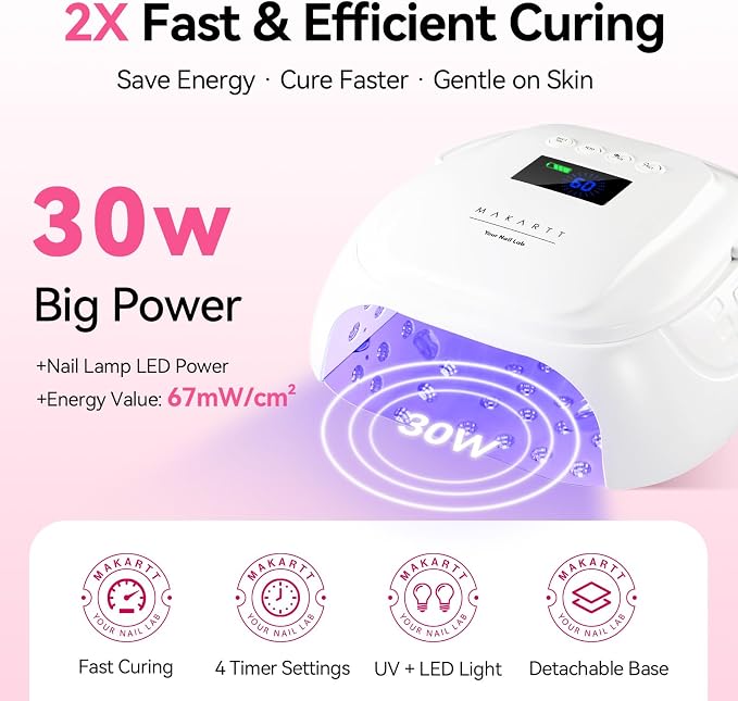 Makartt Professional LED Nail Lamp with Handle 30W Rechargeable Nail Dryer | Cordless Nail Light with 45 LED Beads 4 Timers LCD Auto Sensor Fast Curing Gel Polish for Salon Nail Artist, White