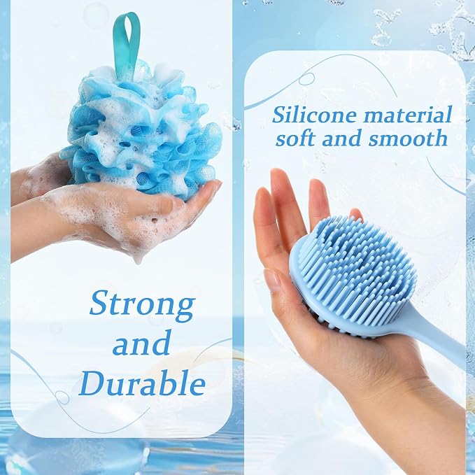 Qinyoung 4 Pcs Loofah Sponge with Soft Silicone Back Scrubber for Shower 15'' Long Handle Body Brush Exfoliating Bath Sponge for Women Men, Body Scrub, Shower Pouf Bath Accessories Soap, Blue