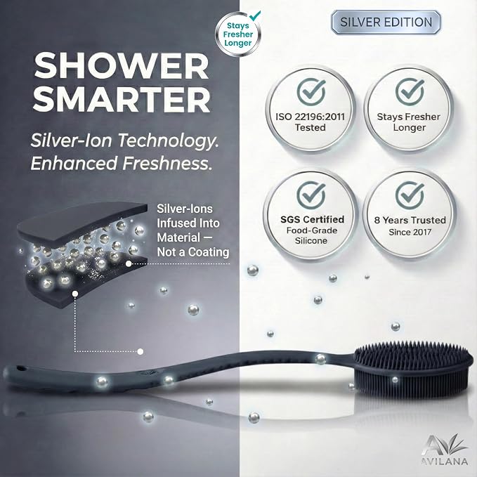 Avilana Silicone Body Scrubber for Shower – SGS Certified Food Grade Dual Sided Bath Brush, Gentle Exfoliating Silicone Loofah Alternative, Sensitive Skin Body Brush (Dark Gray-Silver, Long Handle)