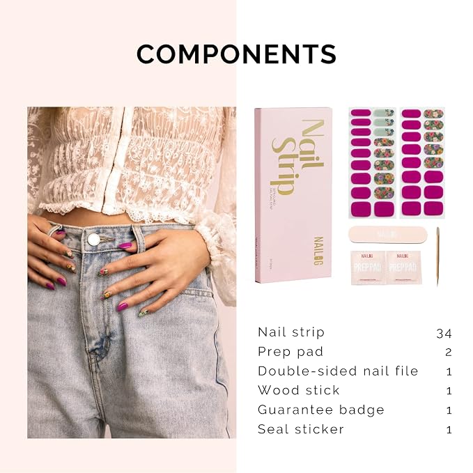 Nailog Semi Cured Gel Nail Strips 34 pcs| Long Lasting Nail Polish Sticker Wraps with Glossy Gel Finish, Retro Jungle