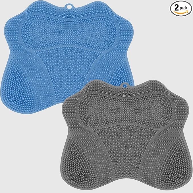 2PACK Shower Foot Scrubber Mat,Wall Mounted Back Scrubber Silicone Bath Massager Cushion Brush with Non-Slip Suction Cups,Foot Scrubber for Use in Shower for Improve Skin Exfoliation(Grey&Blue)