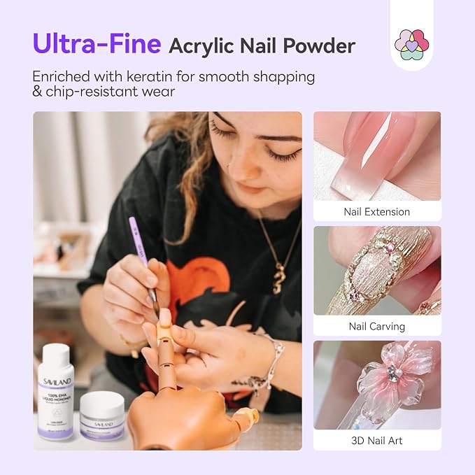 SAVILAND Acrylic Nail Kit for Beginners, Home Practice Set | 30g Clear Acrylic Powder and Liquid Set, #12 Nail Brush, Forms & Manicure Tools, For Extensions DIY 3D Nail Art Sculpting
