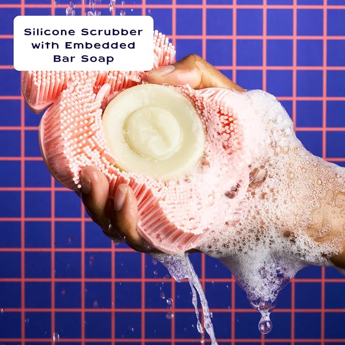Smoosh® Body Scrubber, Black & 2-Count Bar Soap, Amber Santal - Silicone Body Scrubber with Embedded Bar Soap for Shower Exfoliation and Cleansing