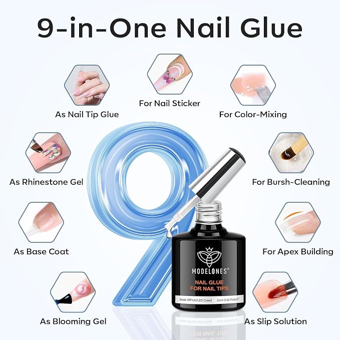 modelones X Nail Gel Kit Medium Almond, 9-in-One Nail Glue with UV Light | 216Pcs 12Sizes Pre-Etched Press ons Fake Acrylic Extension Kit DIY Salon Gift