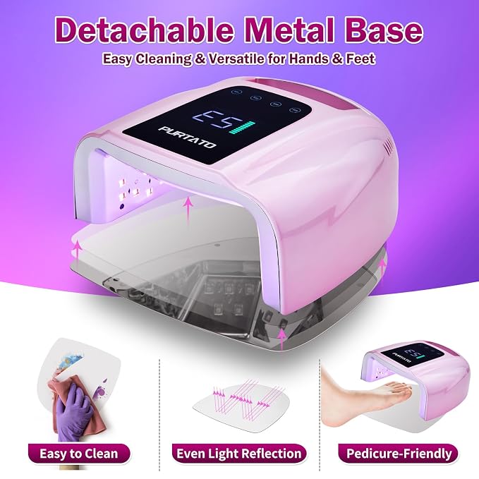 PURTATO Professional Rechargeable 96W UV LED Portable Cordless UV Light for Nail Lamp Machine with Removable Stainless Steel Bottom,4 Timer Setting and Smart Sensor Nail Dryer (Plating Pink)