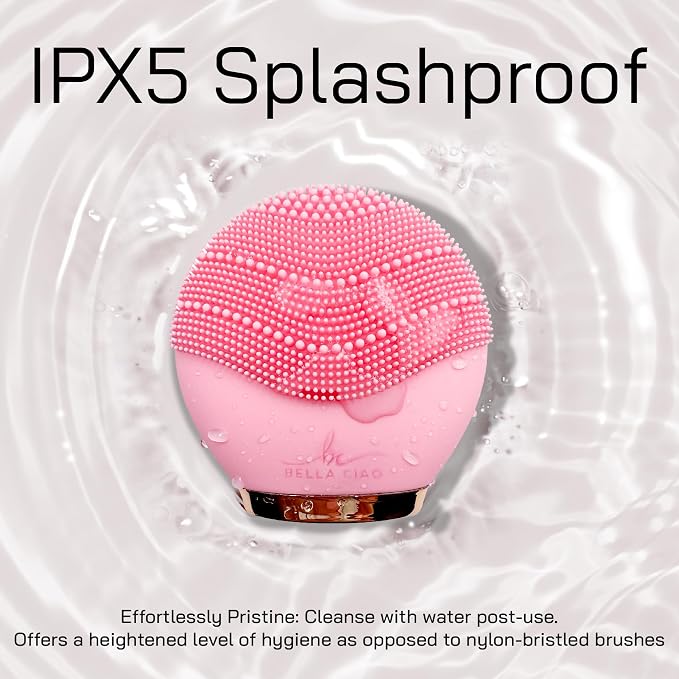Bella Ciao Travel Silicone Facial Cleansing Brush, Face Exfoliator and Massager, Cordless Pore Scrubber with Soft Bristles, Double-Sided Design, IPX5 Water Resistance, Battery Not Included, Pink