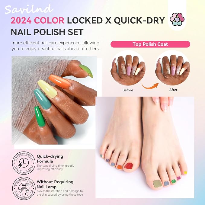 SAVILAND 36 Colors Nail Polish Set Quick Dry: Brown Black Glitter Locked X Tech Regular Pastel Nail Polish Kit Fingernail Polish with Top Base Polish Coat 39 Pcs Home Salon Travel Set