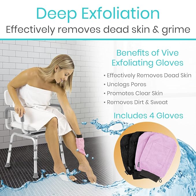Vive Exfoliating Mitts for Body (4 Pack) - Scrub Gloves with Soap-Saver | Pocket - Body Exfoliate Shower Dead Skin Remover - Deep Microdermabrasion Exfoliator for Kerastosis Pilaris - Premium