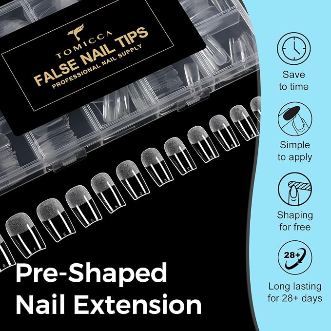 TOMICCA Medium Square Nail Tips 240Pcs 15 Sizes Pre-shaped Nail Extension for Gel Tips, Ultra Matte Acrylic Fake Nails for Beginners and Professionals, Home DIY Nail Salon, Wedding