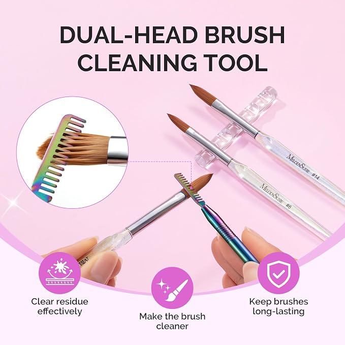 MelodySusie Acrylic Nail Brush Set, Size 8,10,14 Transparent Nail Brushes with Cleaner Tool and Brush Holder, for Acrylic Powder Nail Extension and 3D Nail Carving, Home DIY Salon