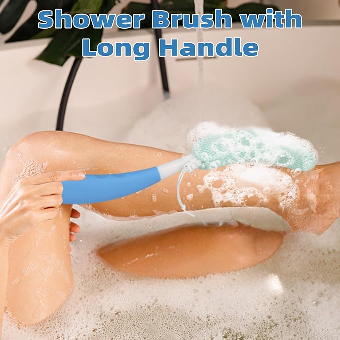 Back Scrubber for Shower,15.35"Curved Body Brush with Anti Slip Long Handle | Long Back Scrubber for Men & Women, Skin Exfoliating Curved Back Scrub Brush, Removable Long Handle Mesh Sponge Back Washer