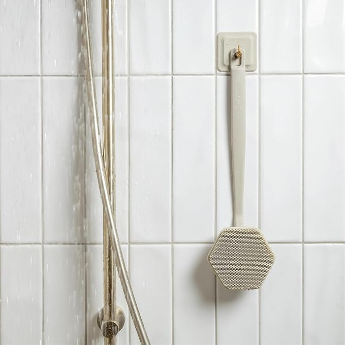 TOOLETRIES Silicone Back Scrubber for Shower with Hook - Sand | Long ergonomic bath brush with a non-slip grip for exfoliating and reaching hard-to-reach areas comfortably.